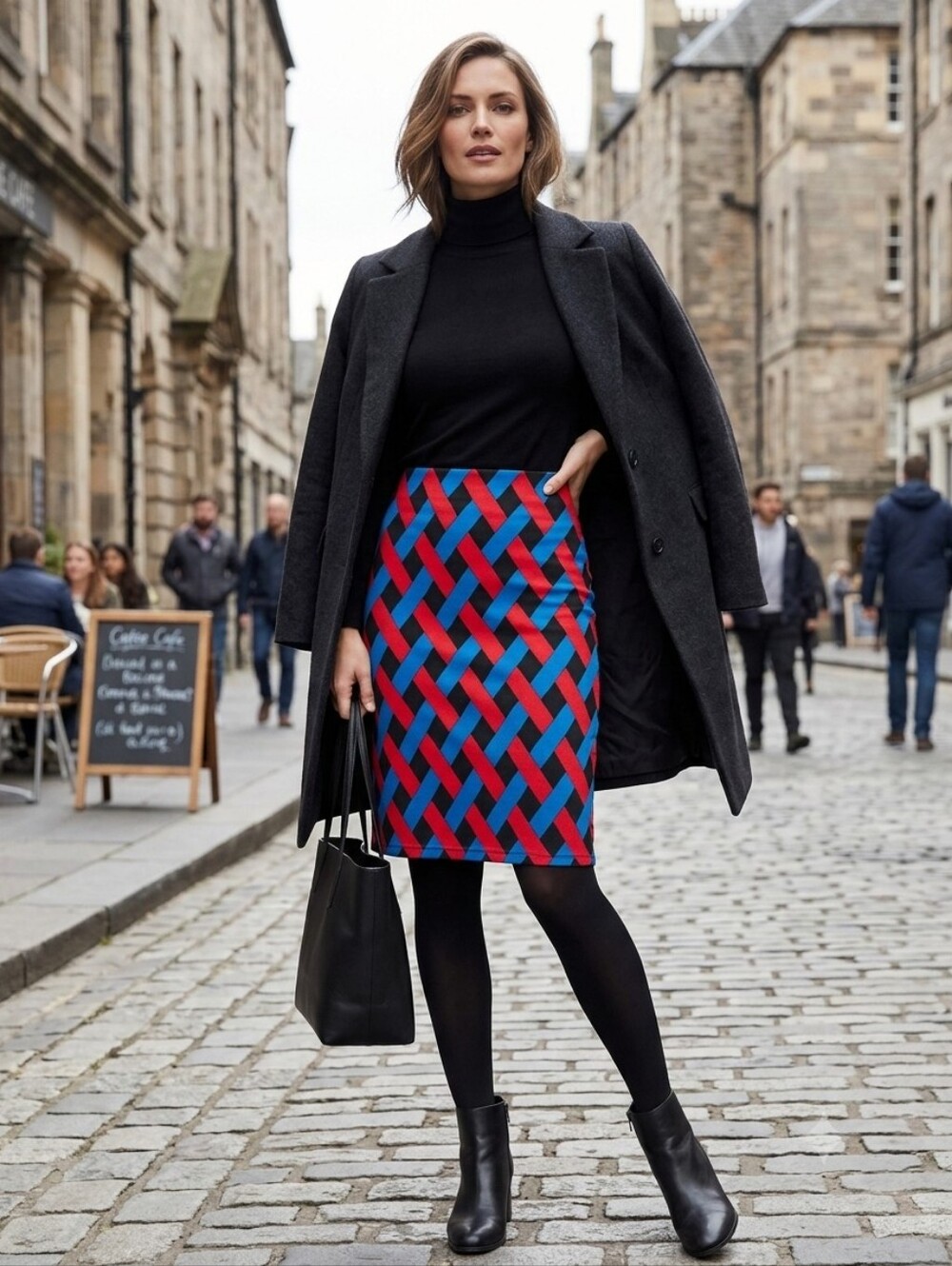 LuLaRoe Black Pencil Skirt with Red and Blue Basketweave Stripes